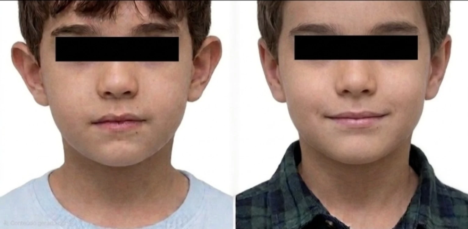 Resultado educativo de otoplastia antes e depois em vista frontal